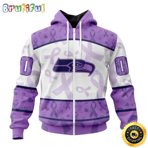 Personalized NFL Seattle Seahawks All Over Print Zip Hoodie 3D Special Lavender Fights Cancer Unisex Tshirt