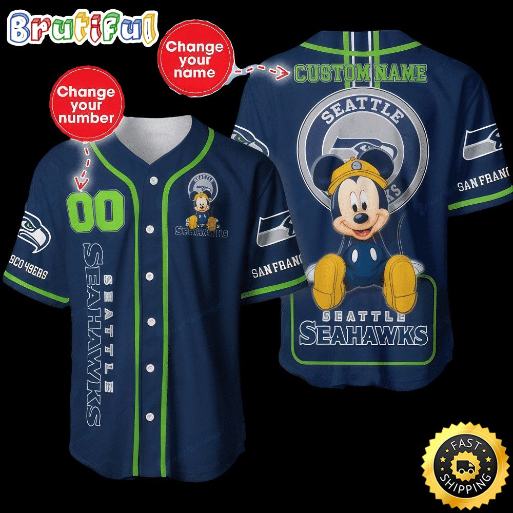 Personalized NFL Seattle Seahawks Baseball Jersey Mickey Mouse