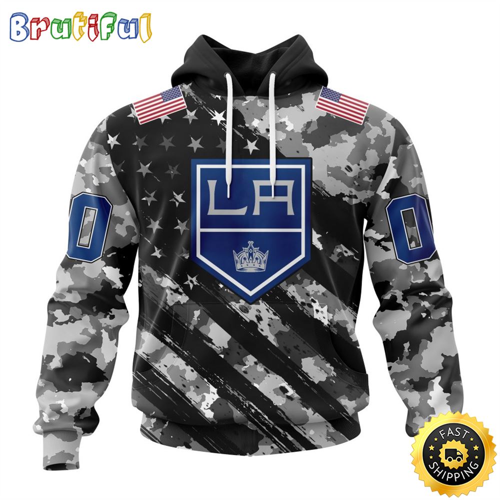 Personalized NHL Los Angeles Kings All Over Print 3D Hoodie Grey Camo Military Design And USA Flags On Shoulder Unisex Hoodie