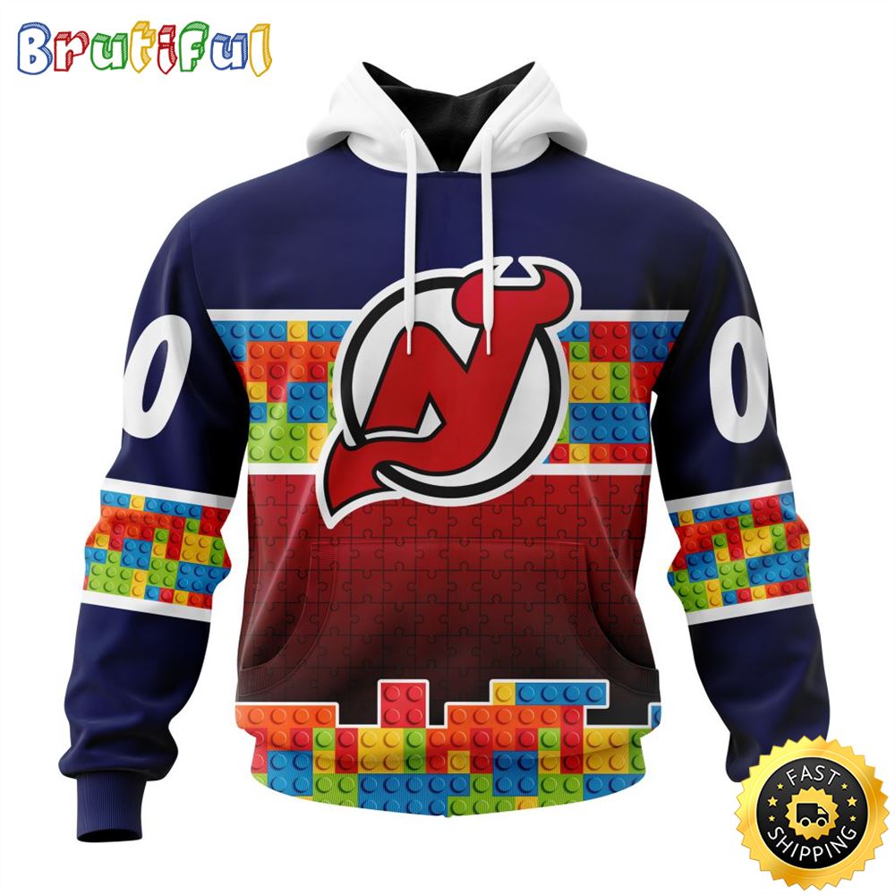 Personalized NHL New Jersey Devils All Over Print 3D Hoodie Autism Awareness Design Unisex Hoodie