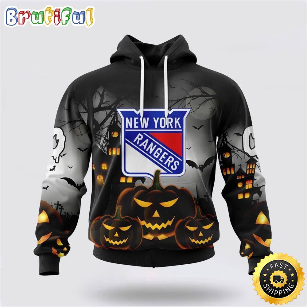Personalized NHL New York Rangers All Over Print 3D Hoodie Special Design Pumpkins For Halloween