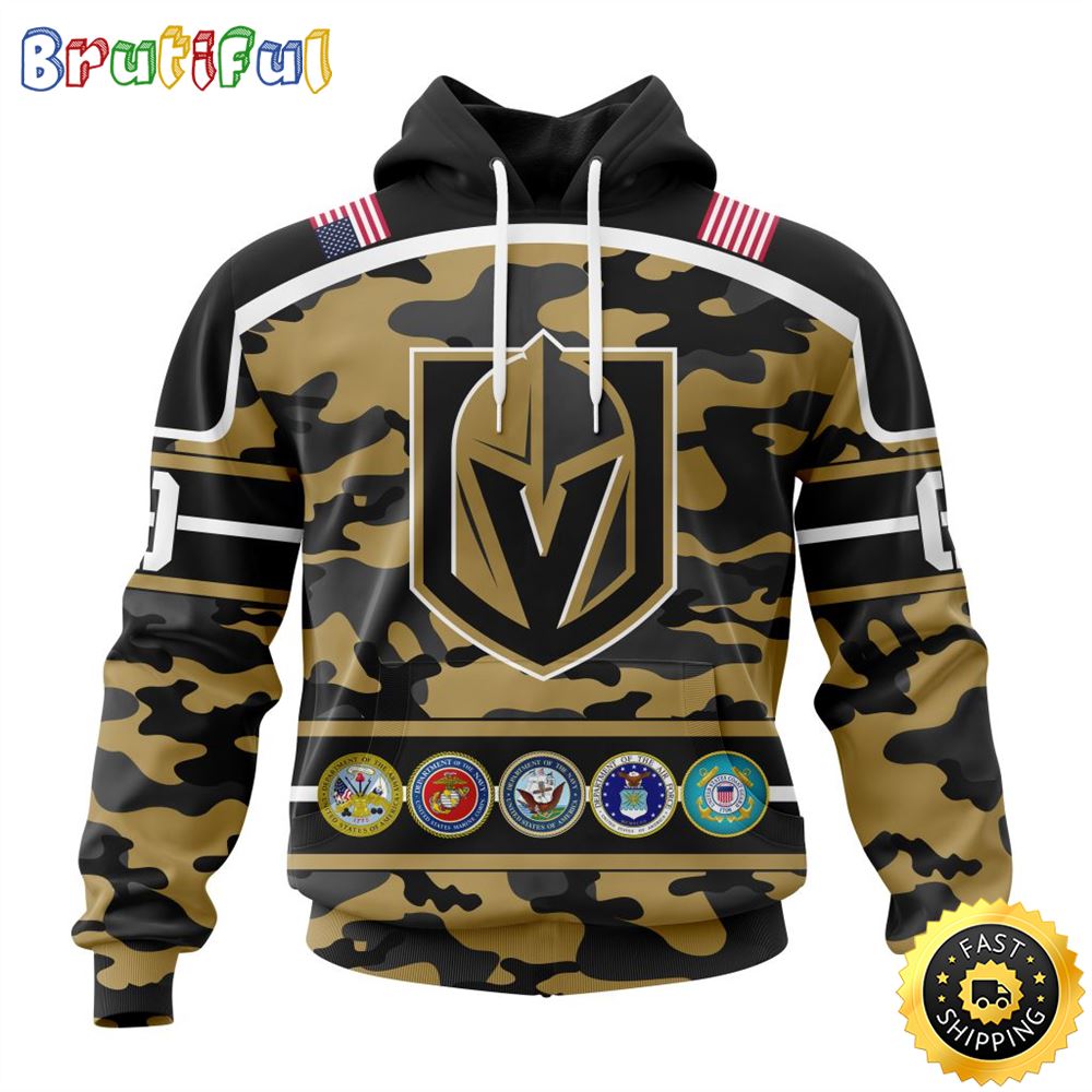 Personalized NHL Vegas Golden Knights With Camo Team Color And Military Force Logo All Over Print 3D Hoodie Unisex Hoodie Tshirt Sweatshirt