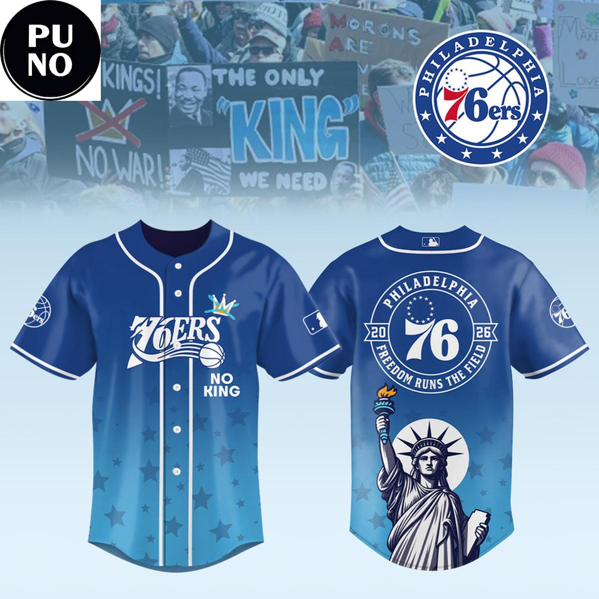 Philadelphia 76ers 2026 No Kings Freedom Runs The Field Baseball Jersey