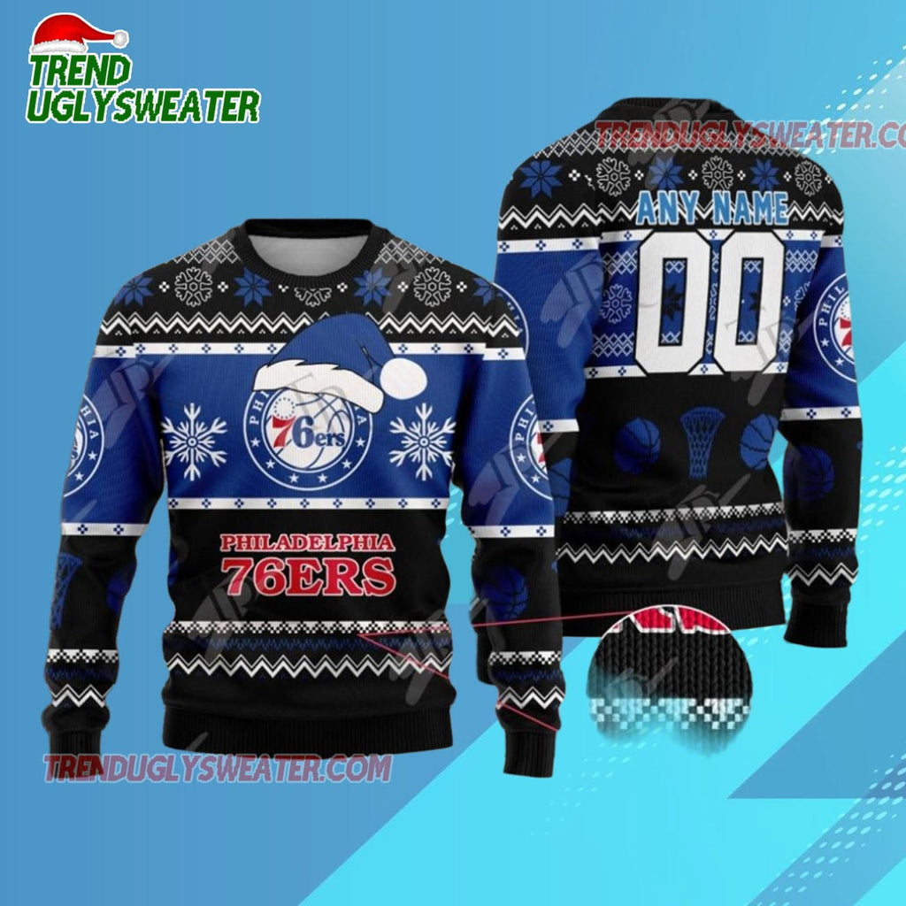 Personalized Philadelphia 76ers Festive Snowfall Ugly Christmas Sweater