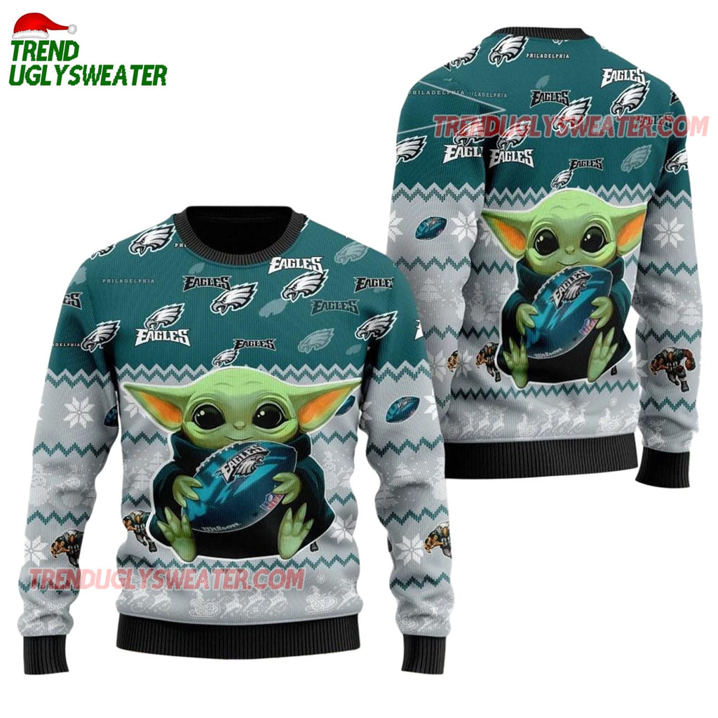 Philadelphia Eagles Baby Yoda Hug The Ball Christmas Ugly Sweater