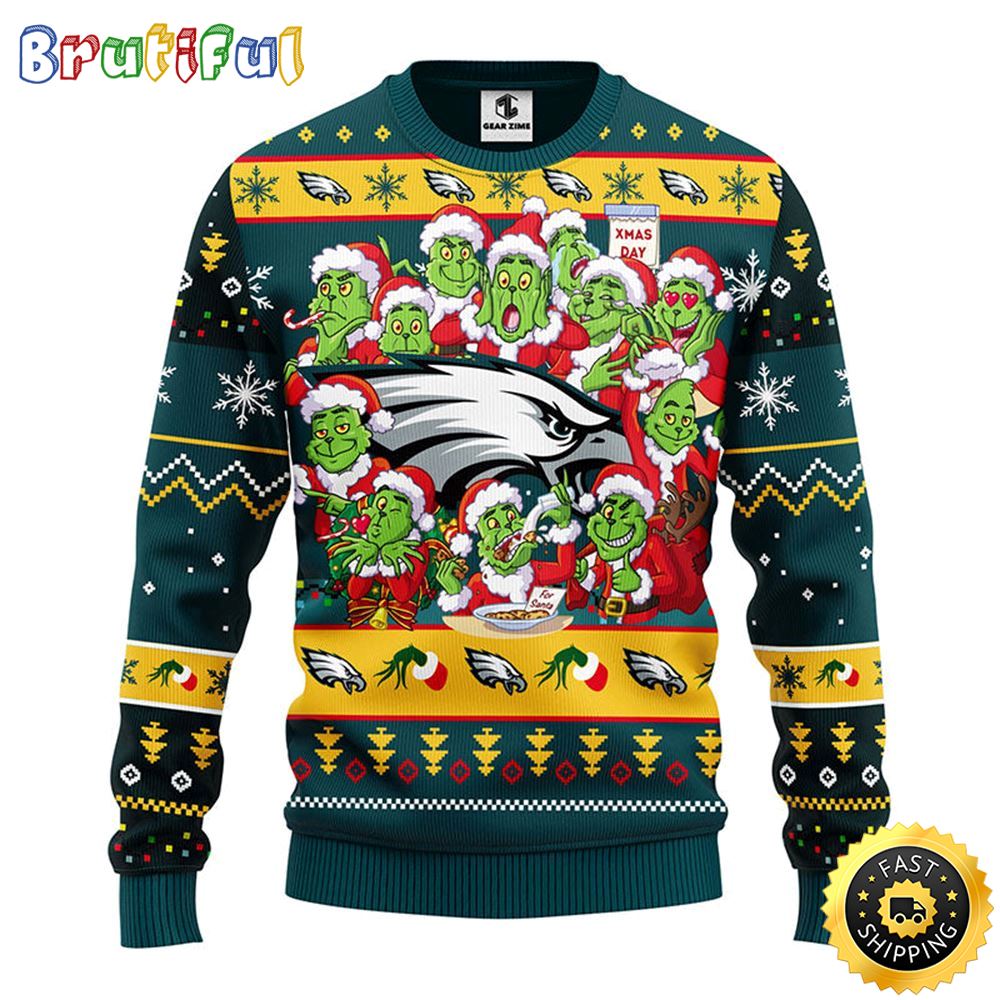 Philadelphia Eagles Christmas Ugly Sweater Print 12 Grinch Xmas Day Show Your Team Spirit