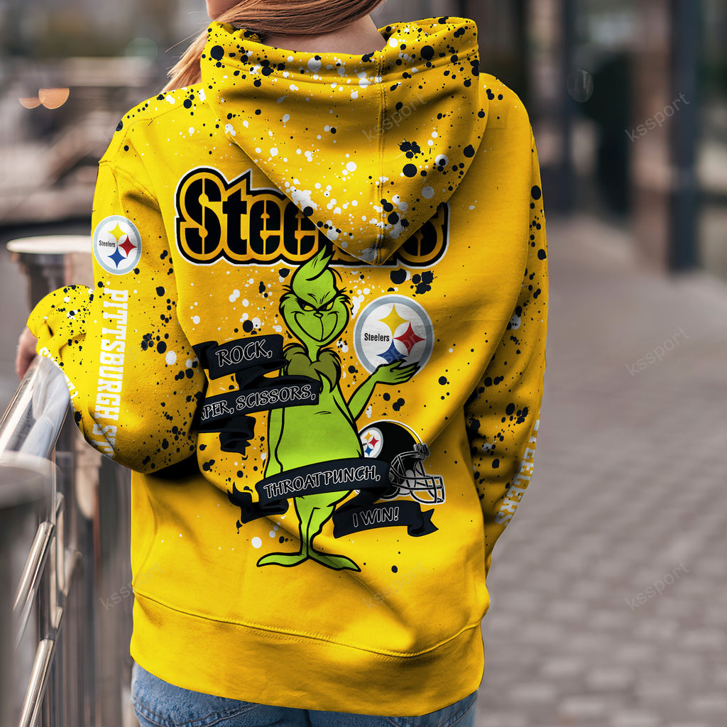 Custom NFL Pittsburgh Steelers Hoodie Leggings The Grinch Hoodie Rock Paper Scissors Throat Punch I Win