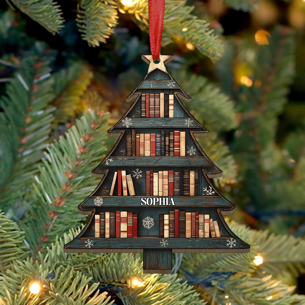 Custom Name Christmas Book Tree - Personalized Wood Ornament - Christmas Gift For Book Lovers, Librarian
