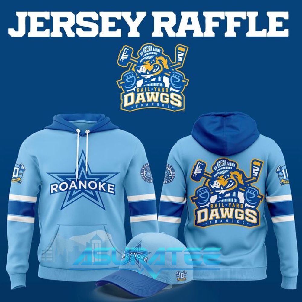 Roanoke Rail Yard Dawgs 2025 Light Blue Hoodie, Cap