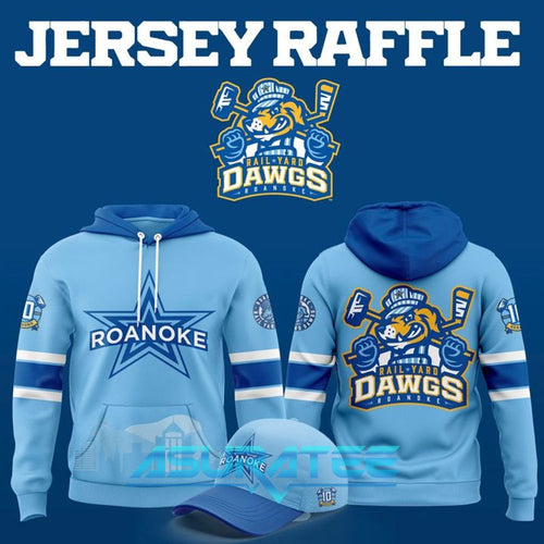 Roanoke Rail Yard Dawgs 2025 Light Blue Hoodie, Cap