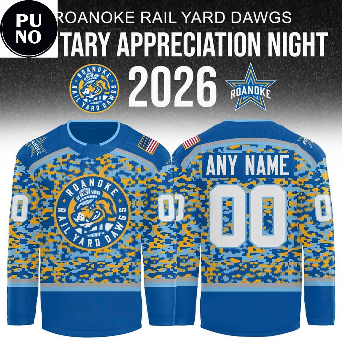 Roanoke Rail Yard Dawgs Military Appreciation Night 2026 Personalize Hockey Jersey
