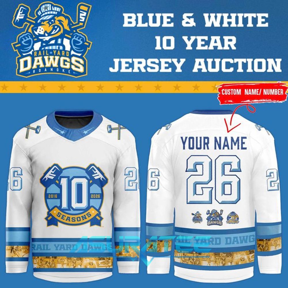 Roanoke Rail Yard Dawgs White 10 Year Hockey Jersey 2026