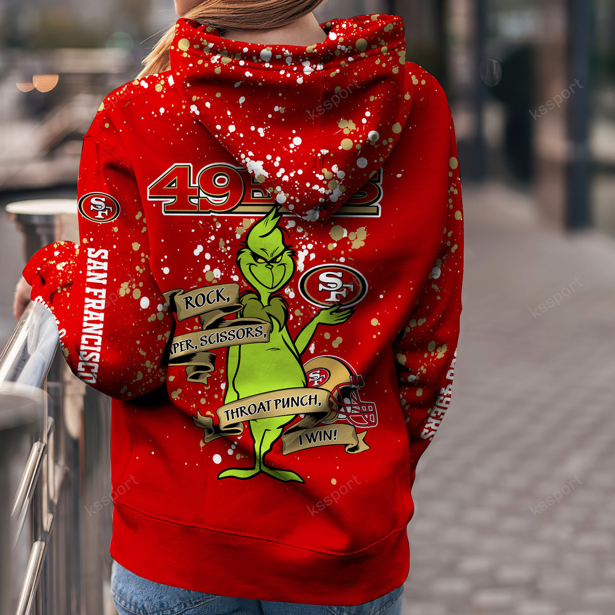 Custom NFL San Francisco 49ers Hoodie Leggings The Grinch Hoodie Rock Paper Scissors Throat Punch I Win