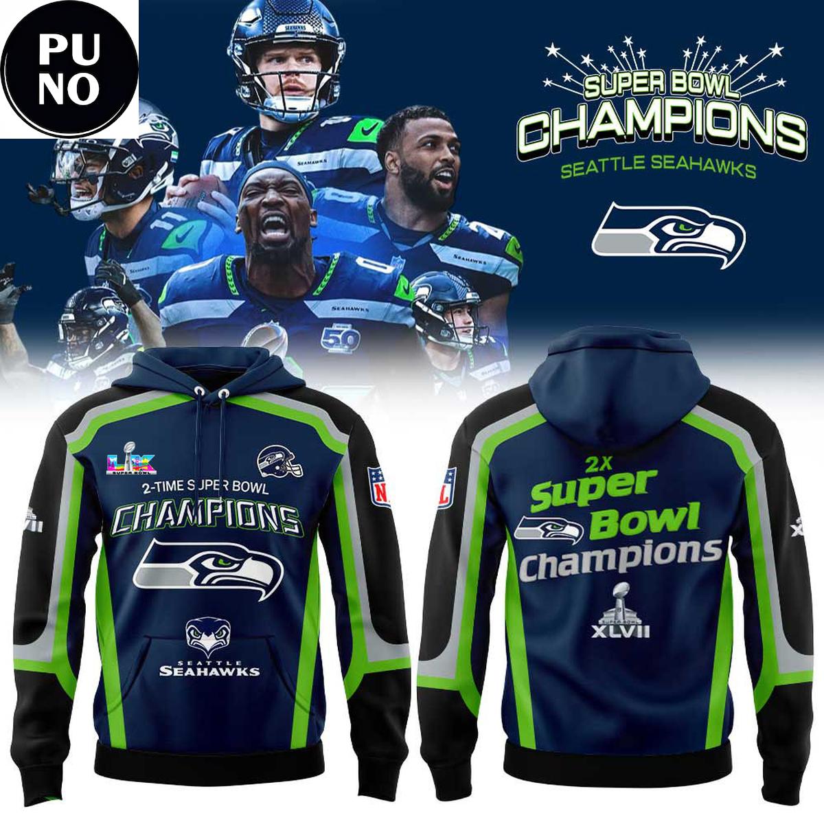 Seattle Seahawks 2 Times Super Bowl Champions Hoodie T-Shirt