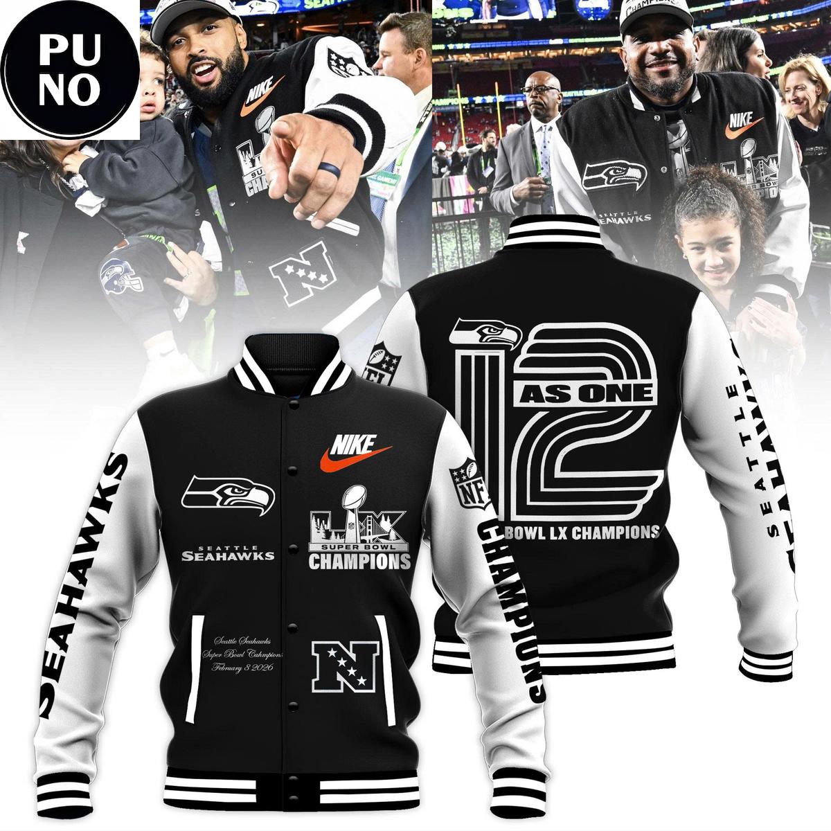 Seattle Seahawks 2026 Super Bowl LX Champions 12 As One Baseball Jacket
