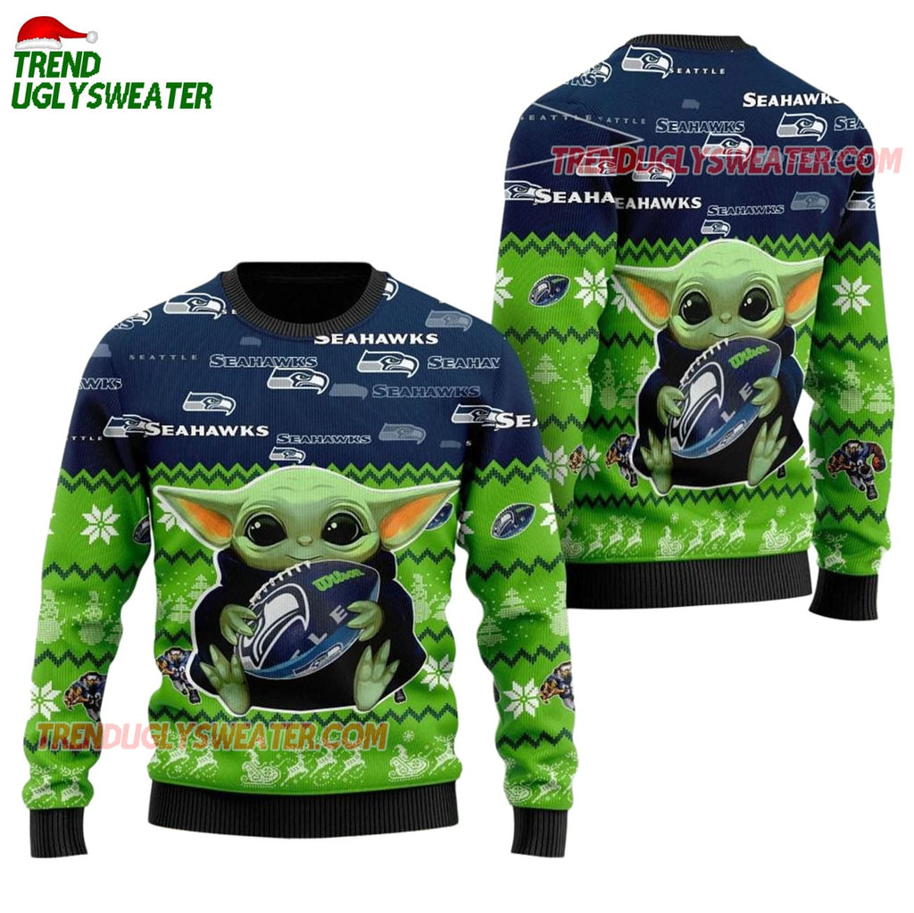 Seattle Seahawks Baby Yoda Hug The Ball Christmas Ugly Sweater
