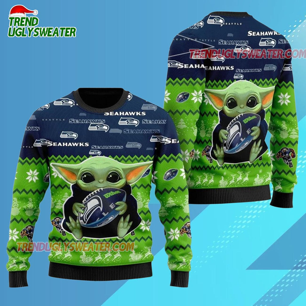 Seattle Seahawks Baby Yoda Hug The Ball Christmas Ugly Sweater