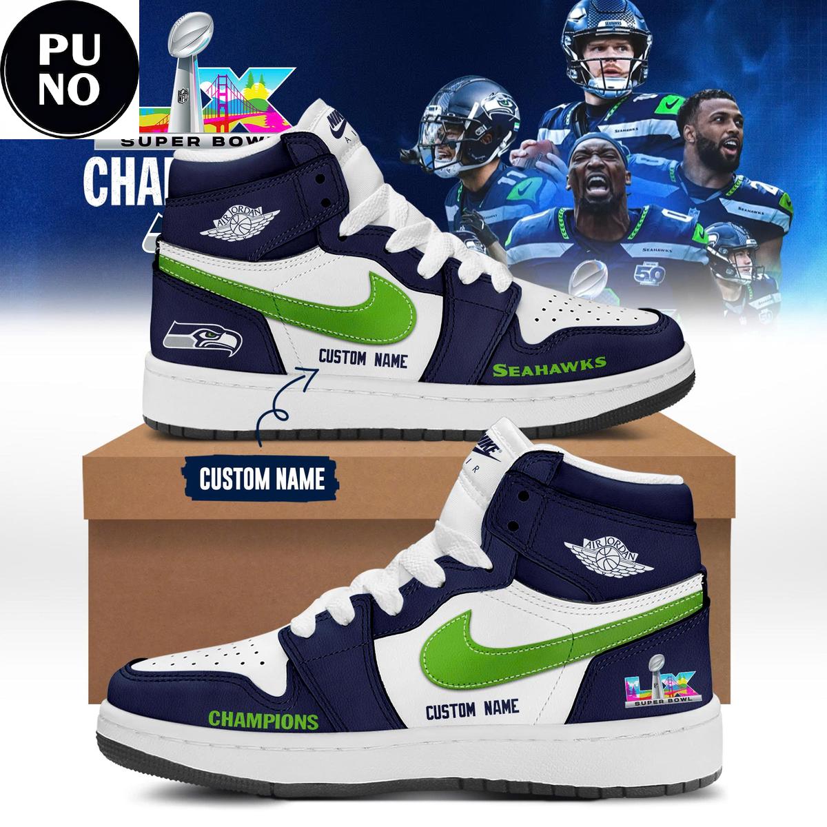 Seattle Seahawks Super Bowl LX Champions 2026 Custom Name Air Jordan 1 Sneakers
