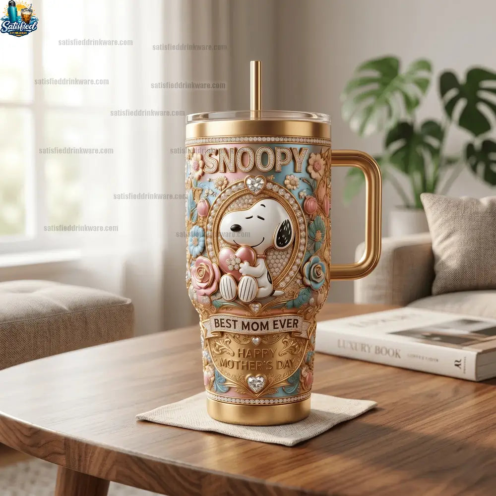 Snoopy Best Mom Ever Luxury Gold Mother’s Day Tumbler With Handle