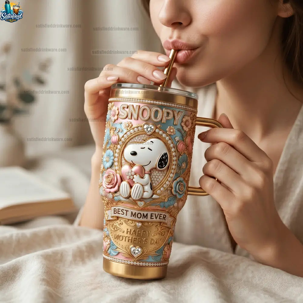 Snoopy Best Mom Ever Luxury Gold Mother’s Day Tumbler With Handle