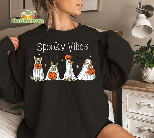 Spooky Vibes Halloween Ghost Dog Shirt Spooky Season Dog Lover Gift