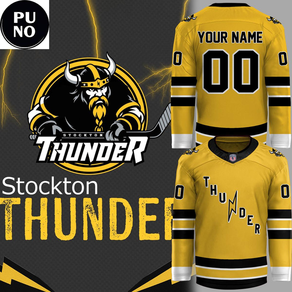 Stockton Thunder 2026 New Logo Viking Gold Personalized Hockey Jersey