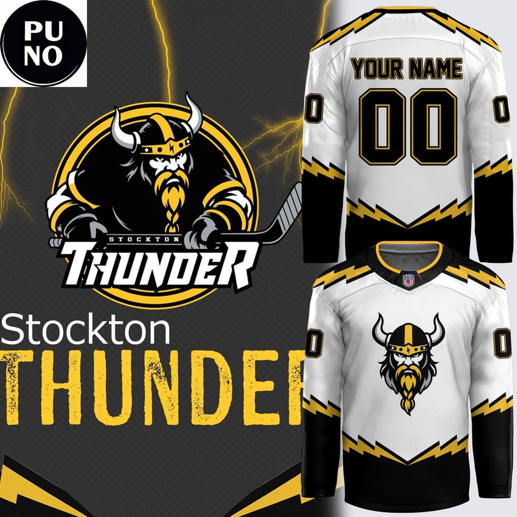 Stockton Thunder 2026 New Logo Viking Gold Personalized Hockey Jersey