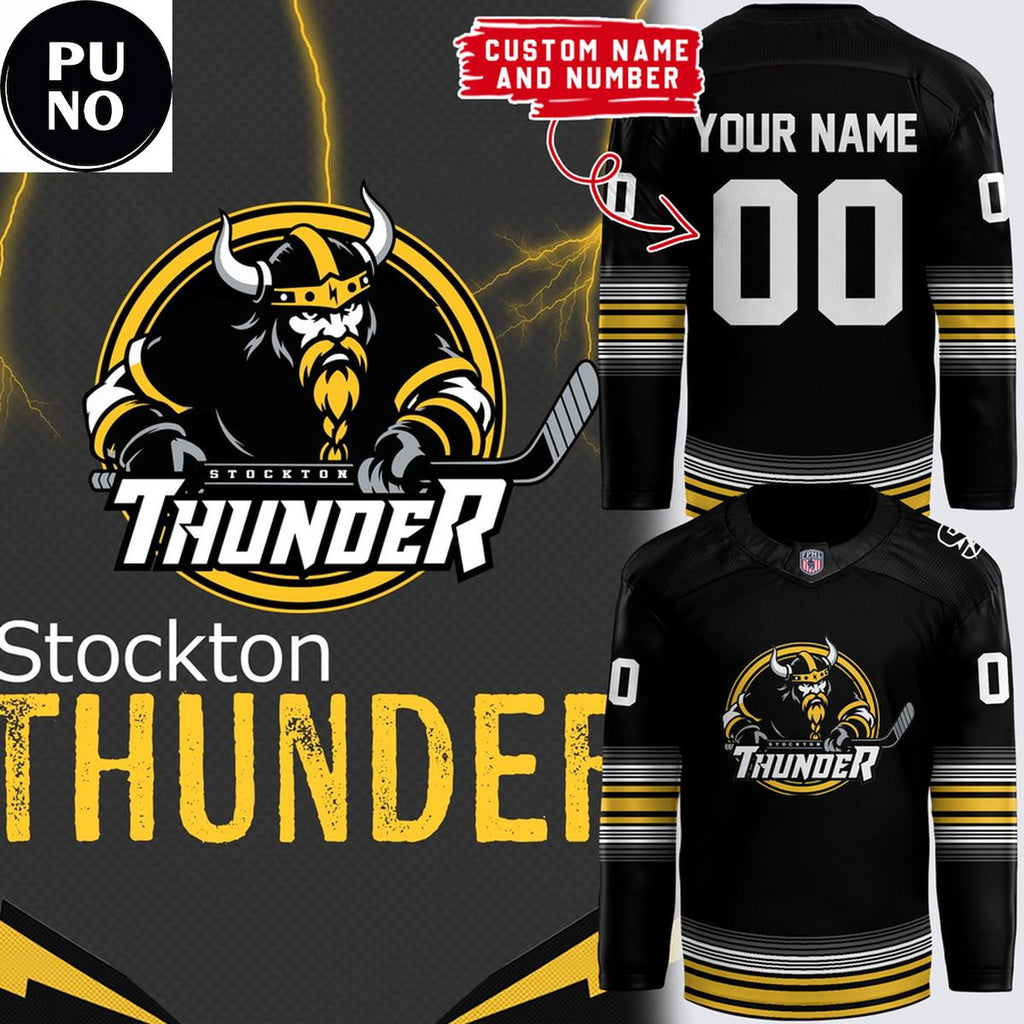 Stockton Thunder 2026 New Logo Viking Gold Personalized Hockey Jersey
