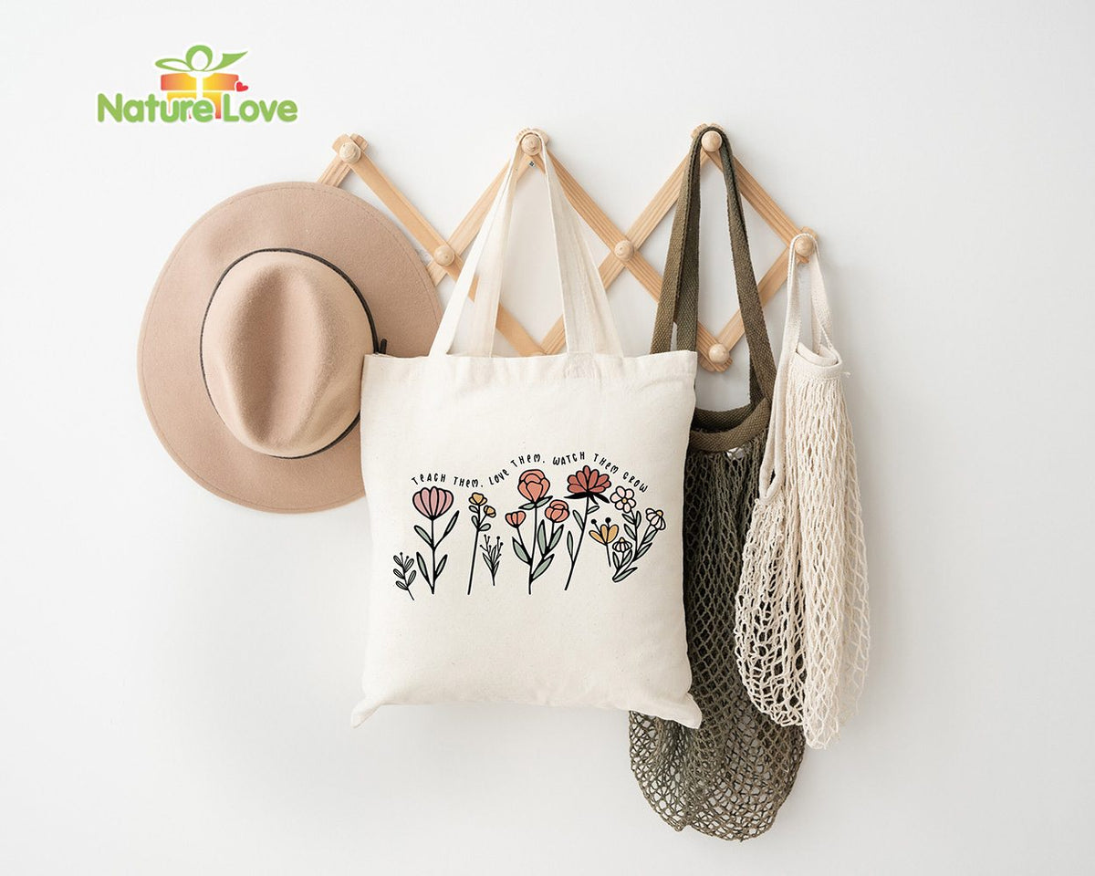 Teach Them Love Them Watch Them Grow Floral Teacher Tote Bag Teacher Appreciation Gift