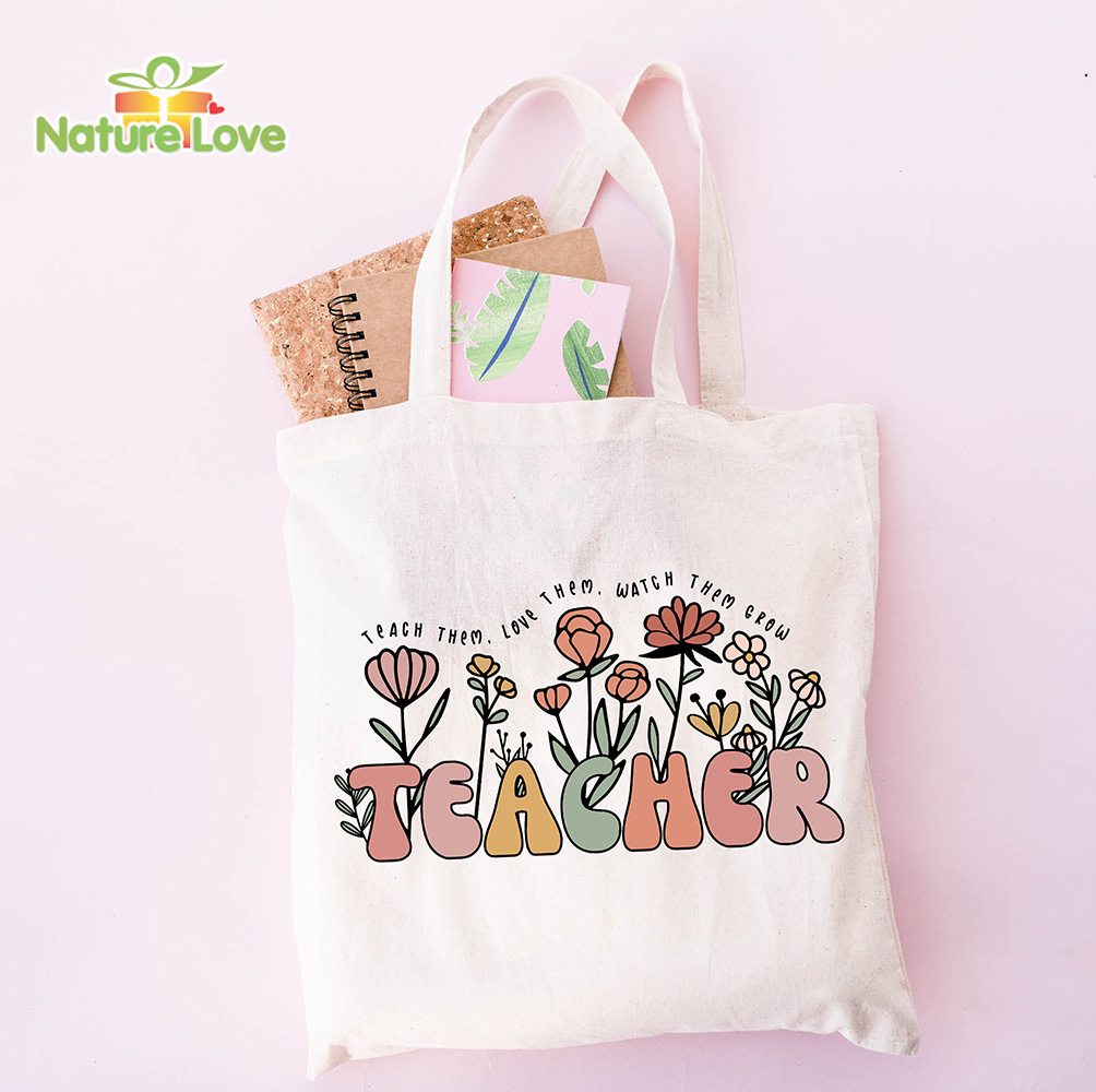 Teacher Floral Tote Bag Teach Them Love Them Watch Them Grow Back to School Gift