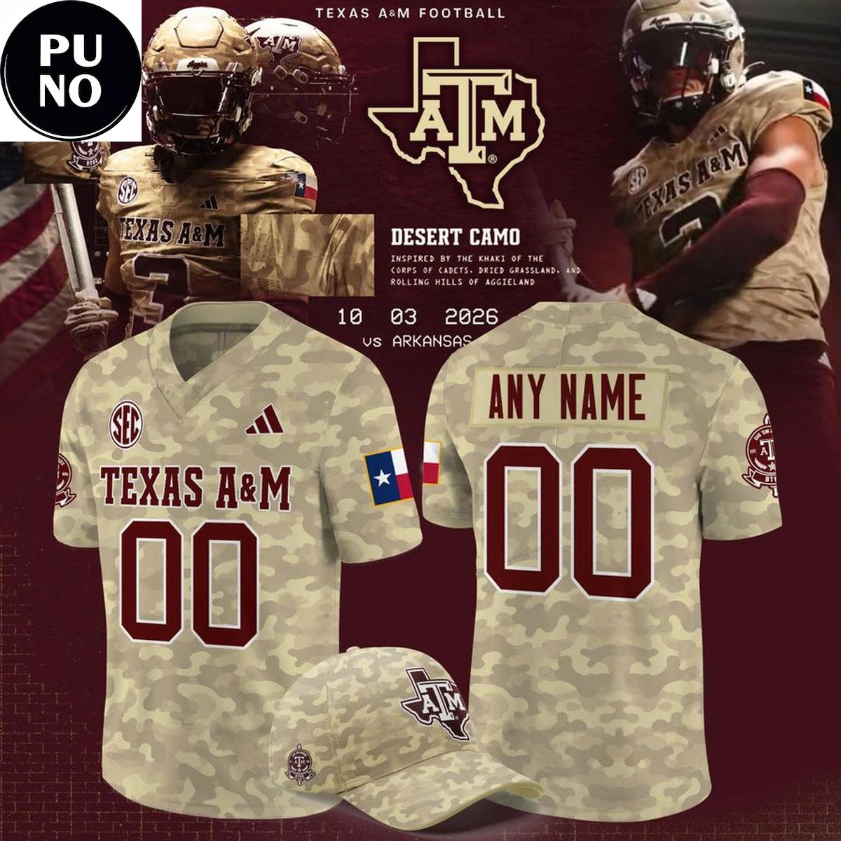 Texas A&M 2026 Honor and Support Desert Camo Personalized Football Jersey