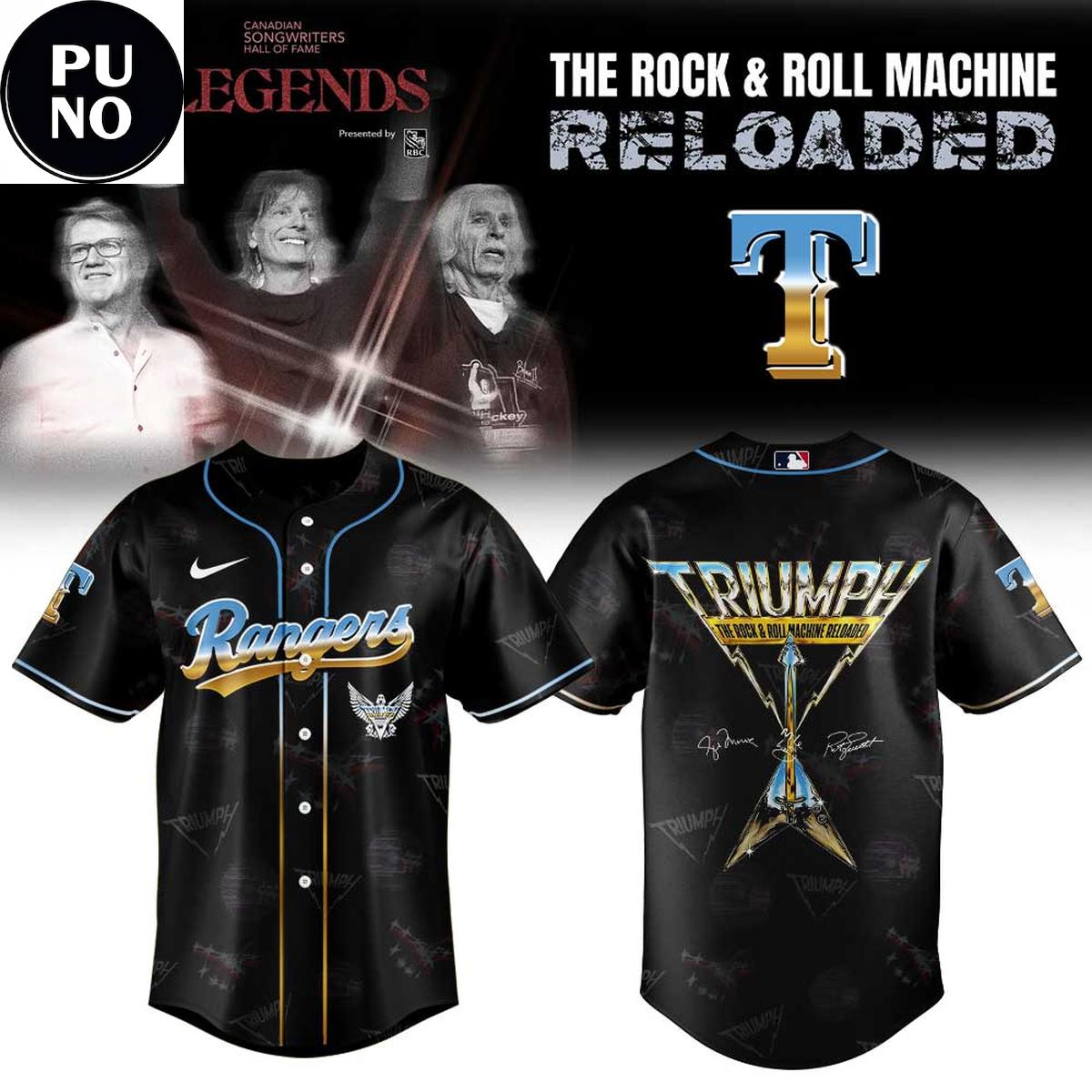 Texas Rangers x Triumph’s The Rock & Roll Machine Reloaded Tour 2026 Baseball Jersey