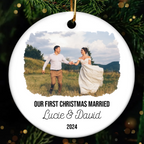 Custom Photo First Christmas Married - Personalized Circle Ceramic Ornament - Gift For Couple, Husband, Wife, Family Members