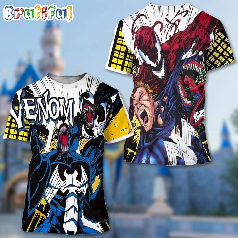 Venom And Carnage Fighting T Shirt, Venom Spiderman Villain Comic Character 3D Shirt