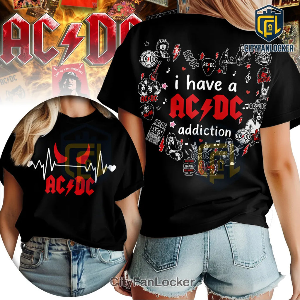 AC/DC Addiction Heartbeat White Rock Band Graphic T-Shirt