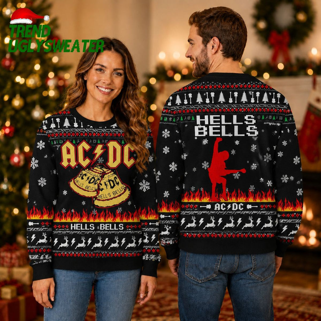 ACDC Angus Young Hells Bells With Flames And Reindeer Pattern Christmas Ugly Sweater - Unique Gifts For Every Occasion