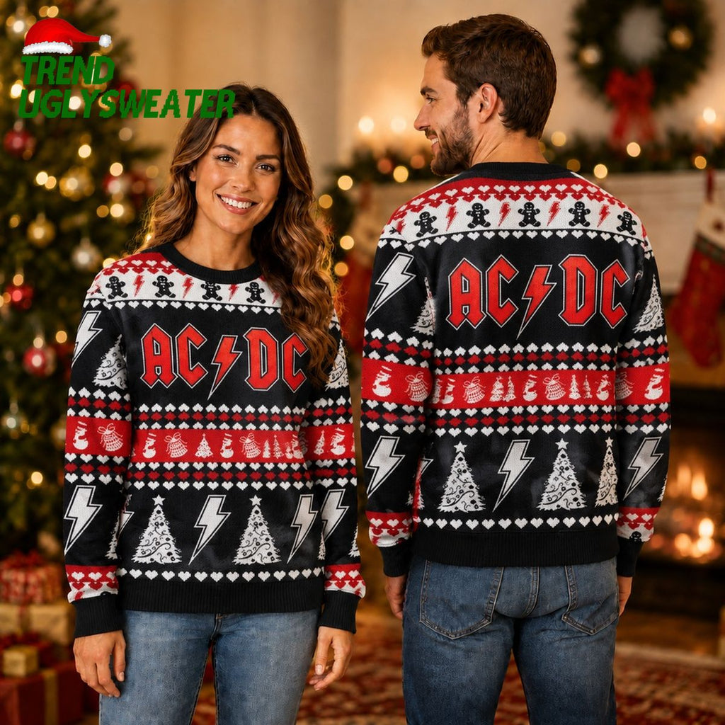 ACDC Band Signature Logo With Thunder And Xmas Tree Pattern 2026 Ugly Christmas Sweater - Unique Gifts For Every Occasion