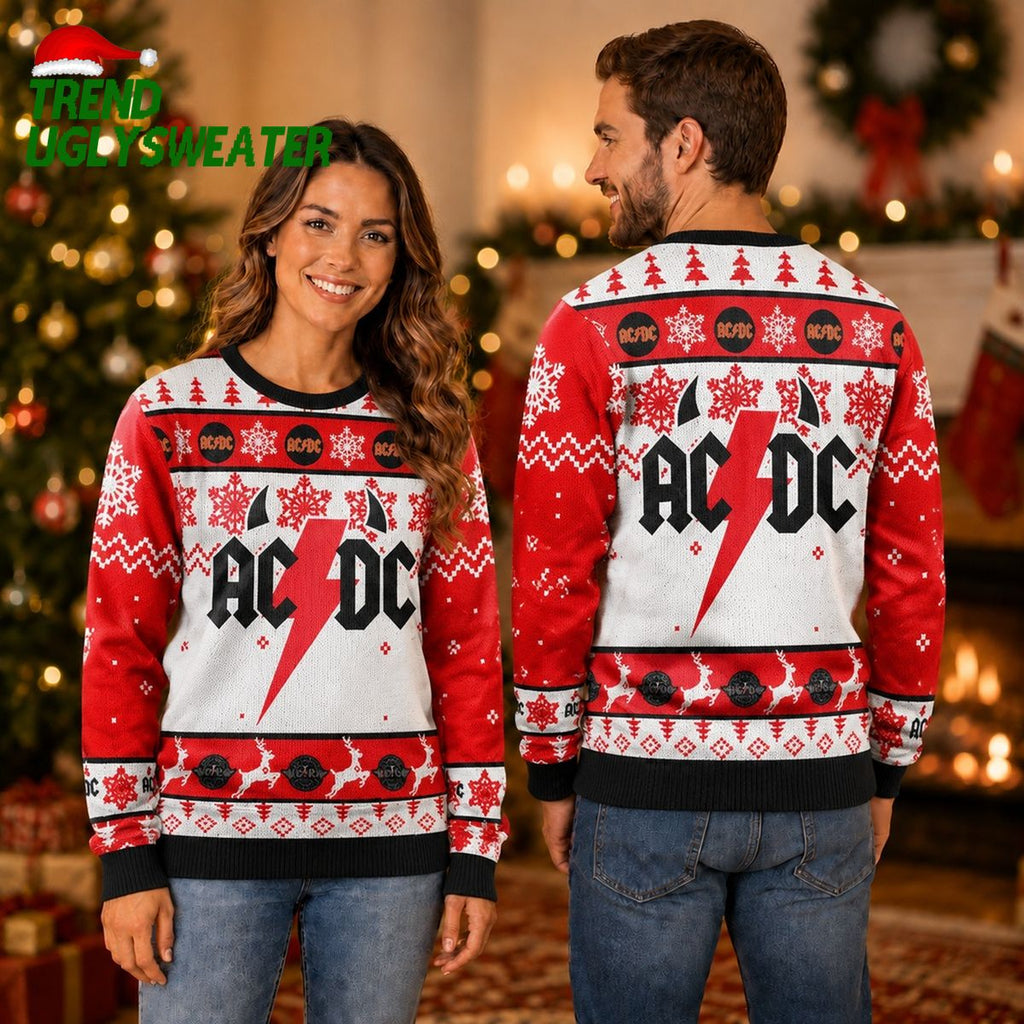 ACDC Big Logo Thunder With Horns Holiday Pattern Red And White Ugly Christmas Sweater - Unique Gifts For Every Occasion