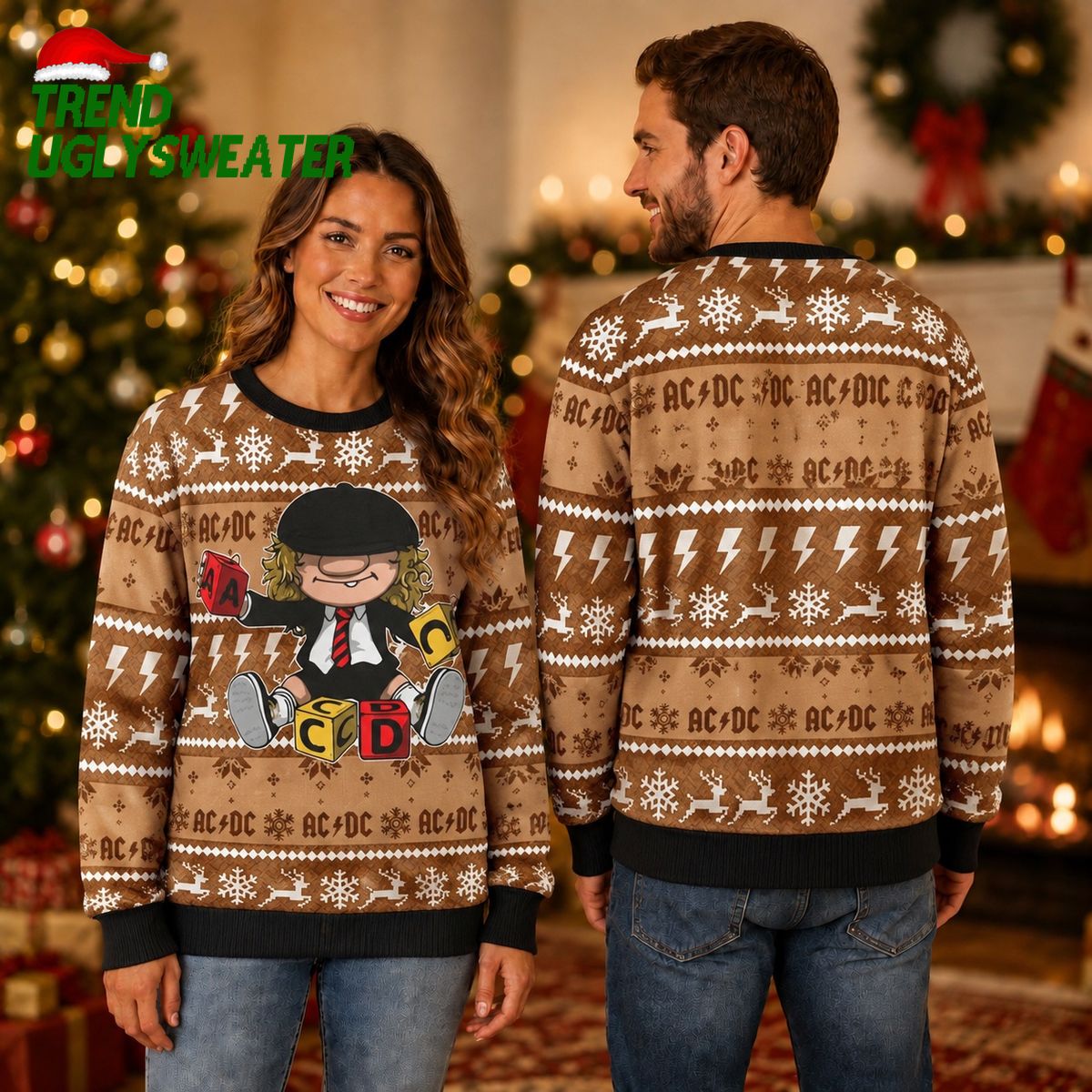 ACDC Brian Johnson Chibi Style Playing Toy Knitted Brown Ugly Christmas Sweater - Unique Gifts For Every Occasion