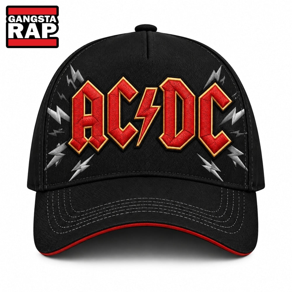 ACDC Embroidered Style Red Logo Silver Lightning Classic Baseball Cap, Trendy Music Baseball Cap