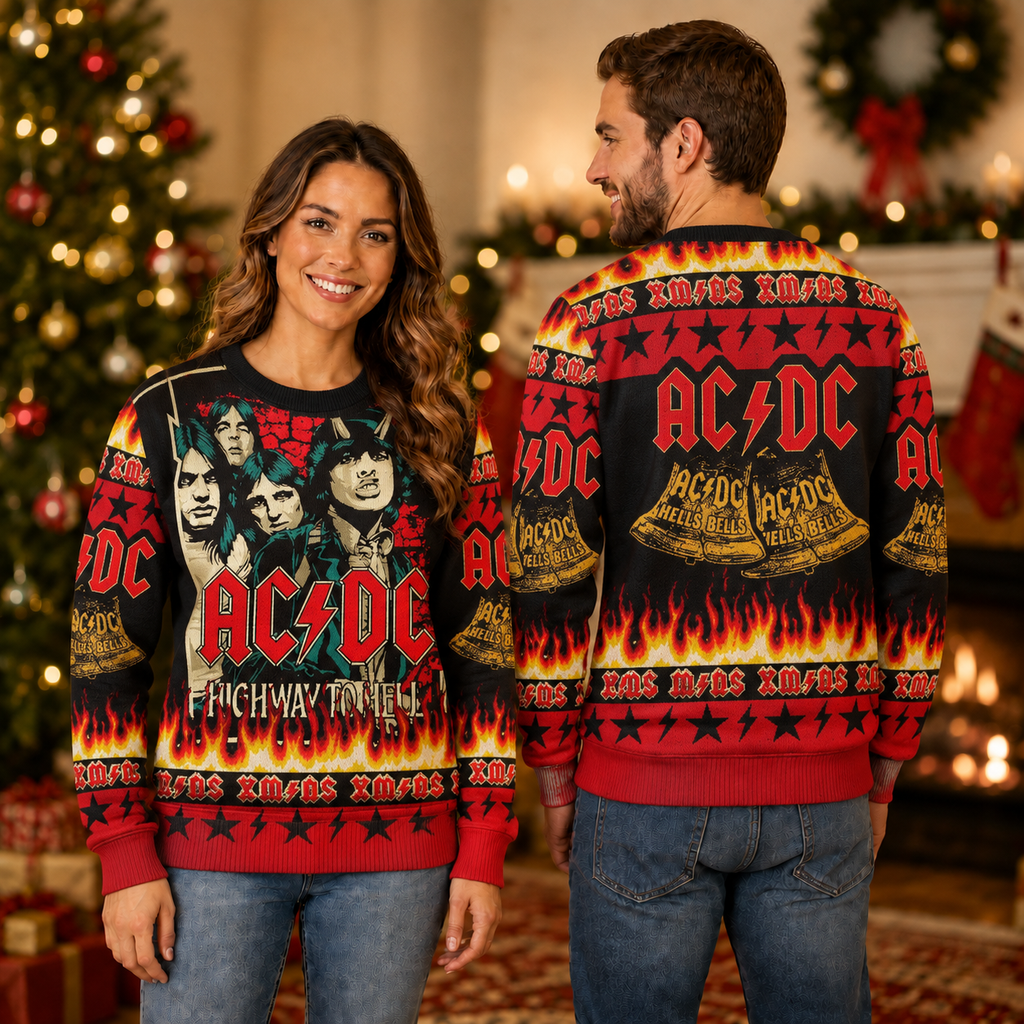 ACDC High Way To Hell X Hells Bells Signature Albums Xmas Black And Red Ugly Christmas Sweater