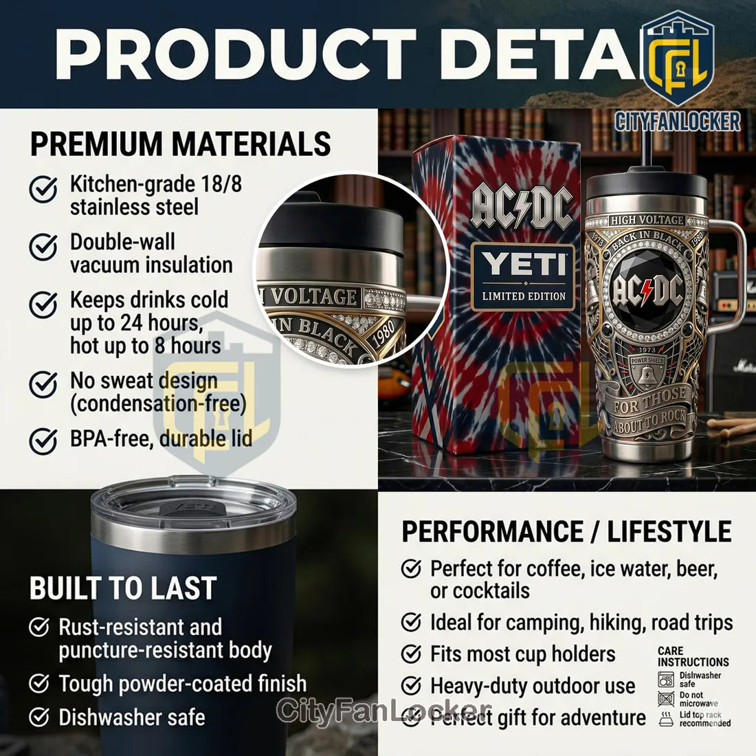 AC/DC Stainless Steel 40oz Insulated Travel Coffee Tumbler