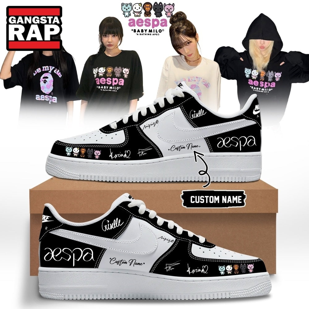 Aespa x BAPE Signed 2026 Limited Edition Black Air Force 1 Shoes , Music Trending Shoes