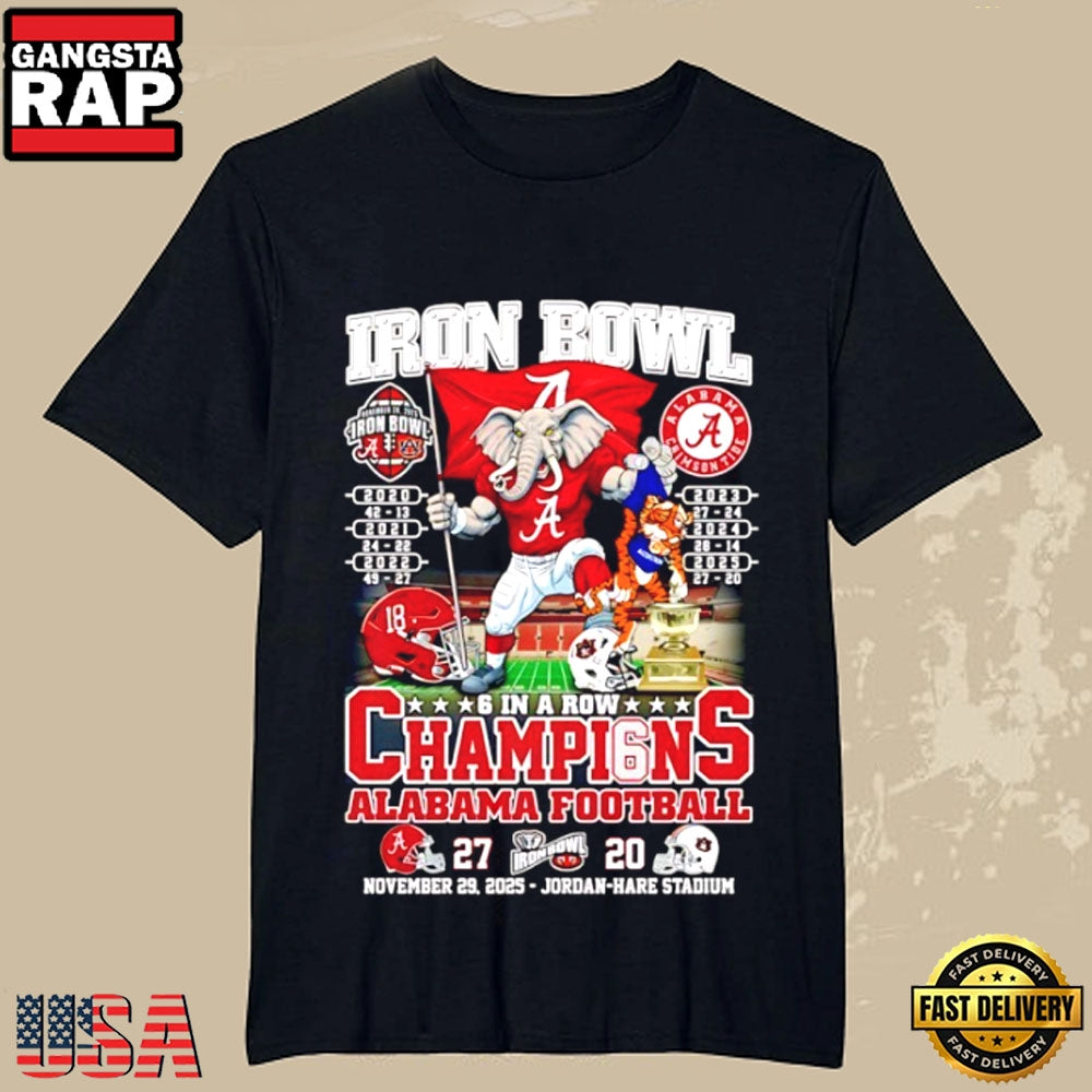 Alabama Crimson Tide 6 In A Row 2025 Iron Bowl Champions Mascot T Shirt