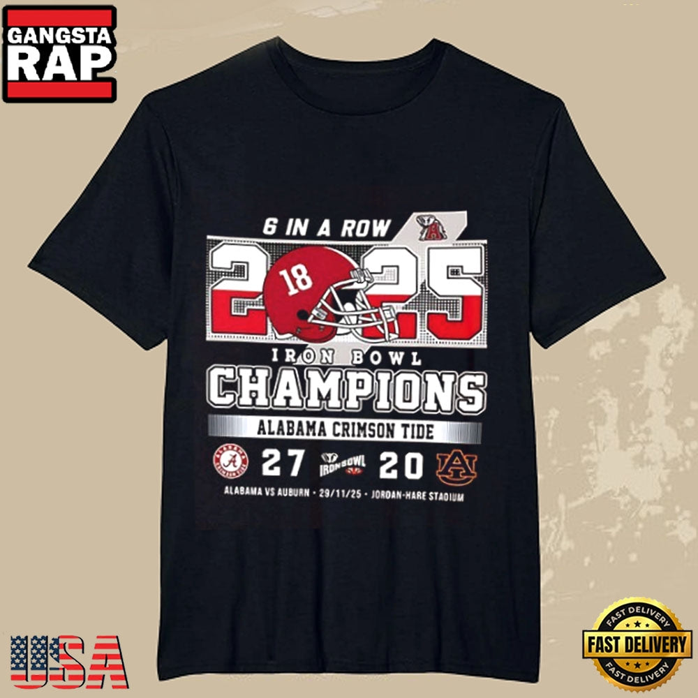 Alabama Crimson Tide Iron Bowl Champions 2025 6 In A Row Players Word Game T Shirt