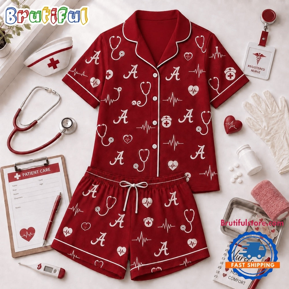 Alabama Crimson Tide NCAA Heartbeats & Home Teams Short Sleeve Pajamas Set