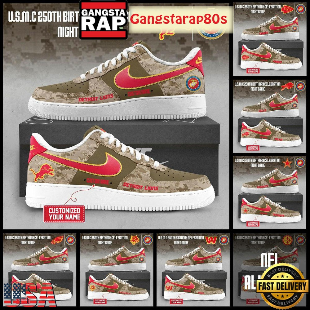 All Team NFL Celebration US Marine Corps 250th Birthday Night Game Custom Name Air Force 1 Sneakers Shoes