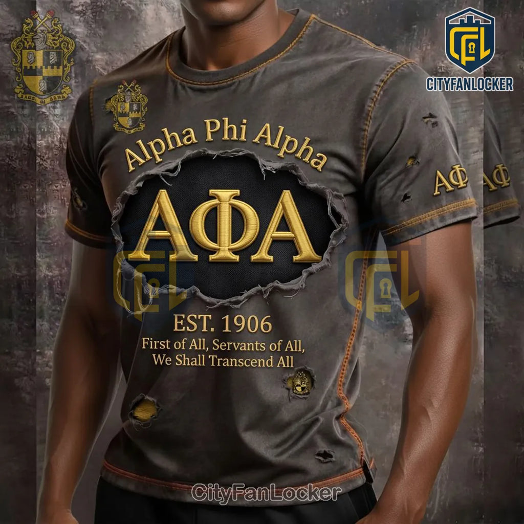 Alpha Phi Alpha Distressed Gold 3D Letters Fraternity T-Shirt