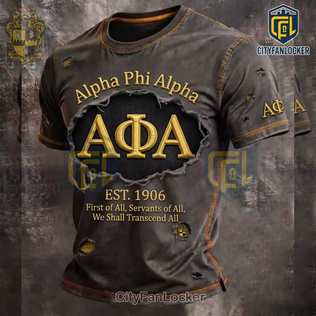Alpha Phi Alpha Distressed Gold 3D Letters Fraternity T-Shirt