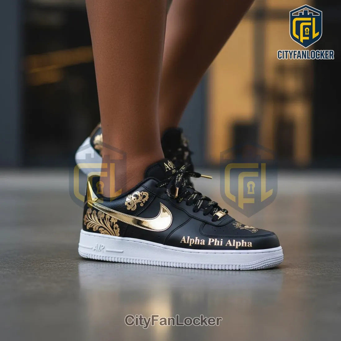 Alpha Phi Alpha Premium Ornate Gold Black Nike Air Force 1 Custom Shoes